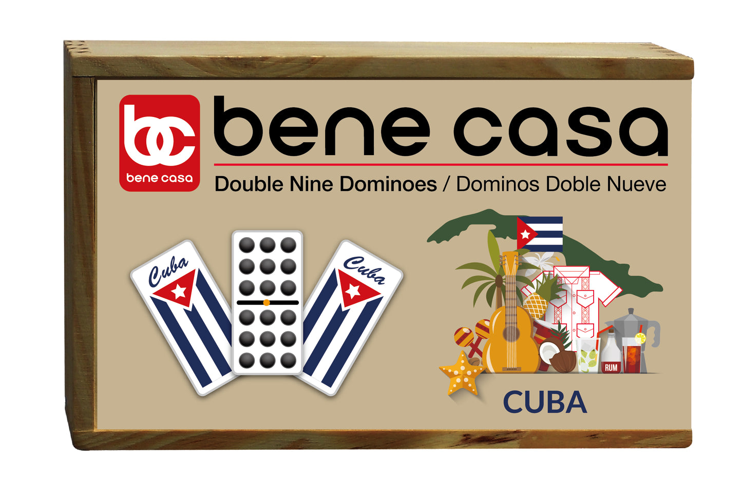 Bene Casa double 9 domino set includes 55 handcrafted tiles w/ wooden box, Cuban flag motif