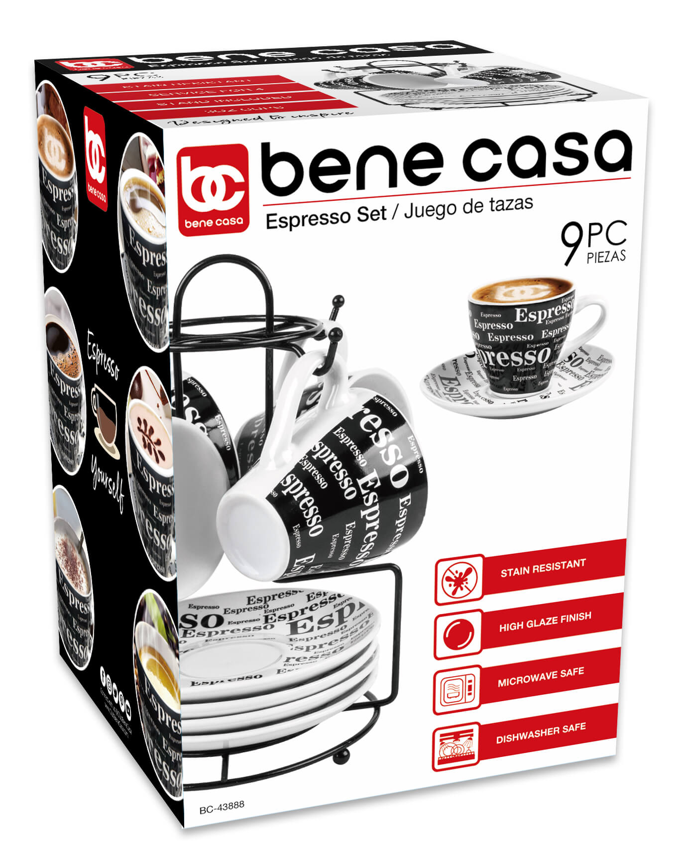 
                  
                    Bene Casa 9-Piece Black & White Espresso Design Demitasse Cup and Saucer Set with Stand
                  
                