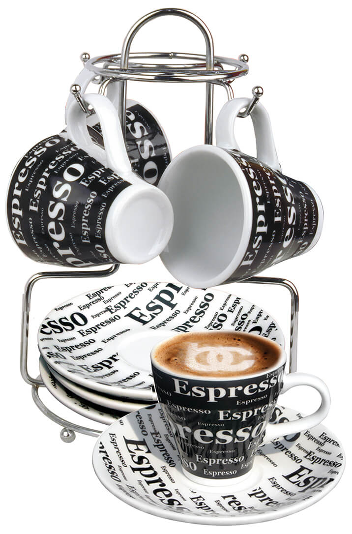 Bene Casa 9-Piece Black & White Espresso Design Demitasse Cup and Saucer Set with Stand