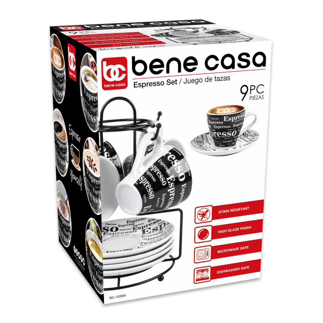 
                  
                    Bene Casa 9-Piece Black & White Espresso Design Demitasse Cup and Saucer Set with Stand
                  
                